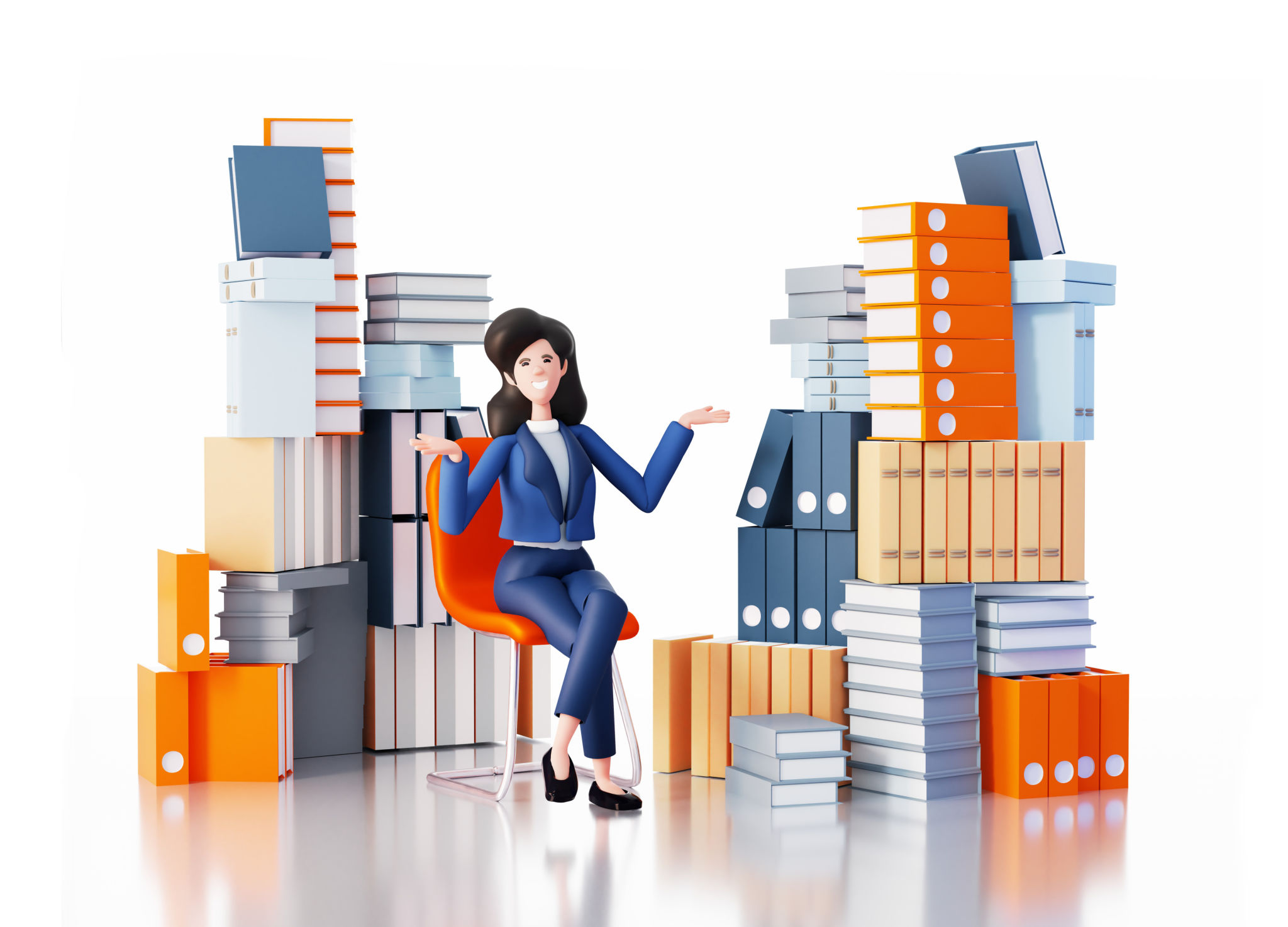 Successful businessman sits next to big pile of folders and documents. Happy office workers 3D rendering illustration Successful businessman sits next to big pile of folders and documents. Happy office workers 3D rendering illustration