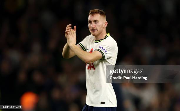 Dejan Kulusevski of Tottenham Hotspur celebrates after the Premier League match between Tottenham Hotspur and Leeds United at Tottenham Hotspur...