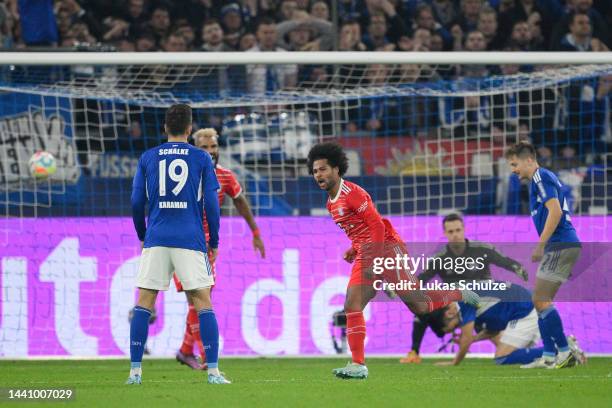 Serge Gnabry of Bayern Munich celebrates after scoring their team's first goal during the Bundesliga match between FC Schalke 04 and FC Bayern...