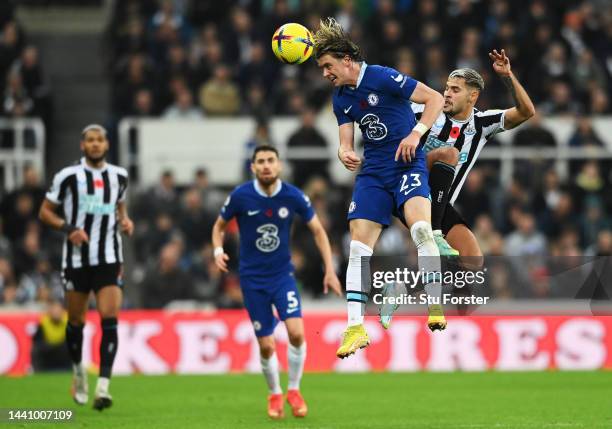 Conor Gallagher of Chelsea jumps for the ball with Bruno Guimaraes of Newcastle United during the Premier League match between Newcastle United and...