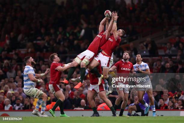 Will Rowlands and George North of Wales jumps for the ball during the Autumn International match between Wales and Argentina at Principality Stadium...