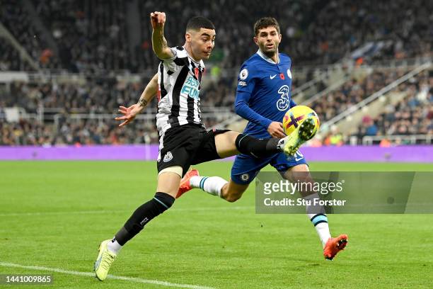 Miguel Almiron of Newcastle United is challenged by Christian Pulisic of Chelsea during the Premier League match between Newcastle United and Chelsea...