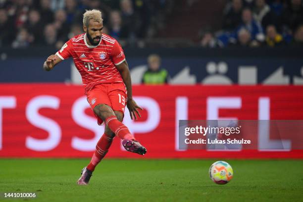 Eric Maxim Choupo-Moting of Bayern Munich scores their team's second goal during the Bundesliga match between FC Schalke 04 and FC Bayern München at...