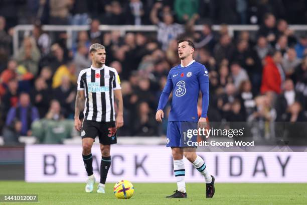 Mason Mount of Chelsea reacts after Joe Willock of Newcastle United scored their team's first goal during the Premier League match between Newcastle...