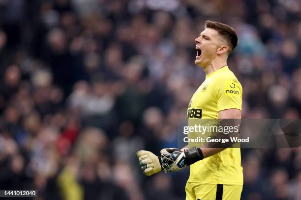 Nick Pope of Newcastle United celebrates after their side scored their first goal during the Premier League match between Newcastle United and...