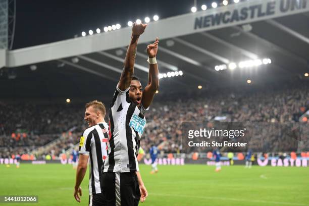 Joe Willock of Newcastle United celebrates after scoring their team's first goal during the Premier League match between Newcastle United and Chelsea...