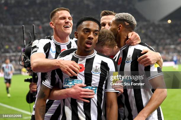 Joe Willock of Newcastle United celebrates after scoring their team's first goal during the Premier League match between Newcastle United and Chelsea...