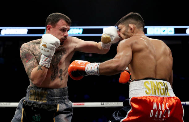Jordon Ellison punches Dylan Cheema during the lightweight contest fight between Jordon Ellison and Dylan Cheema on the Boxxer fight night at...