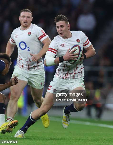 Freddie Steward of England runs with the ball during the Autumn International match between England and Japan at Twickenham Stadium on November 12,...