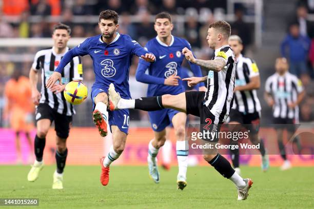 Christian Pulisic of Chelsea battles for possession with Kieran Trippier of Newcastle United during the Premier League match between Newcastle United...