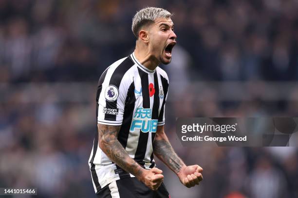 Bruno Guimaraes of Newcastle United celebrates after their sides victory during the Premier League match between Newcastle United and Chelsea FC at...