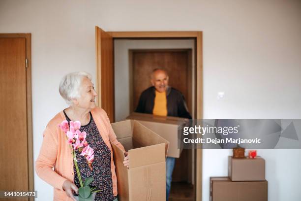 senior couple moving in new apartment - senior moving house stock pictures, royalty-free photos & images