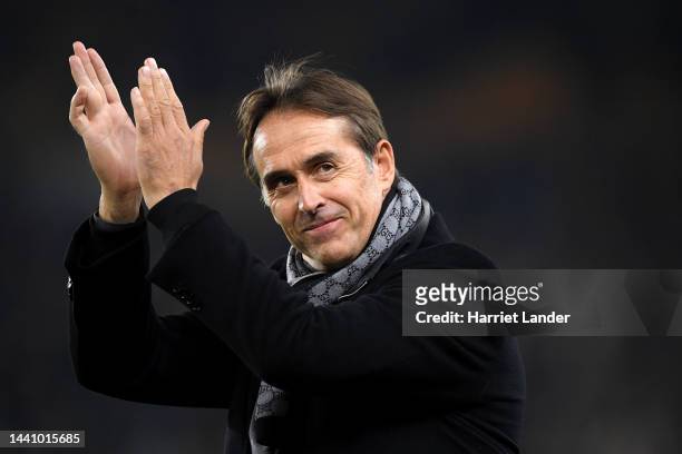 Newly appointed Wolverhampton Wanderers manager, Julen Lopetegui acknowledges the fans prior to the Premier League match between Wolverhampton...