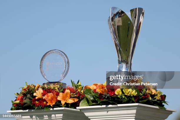 Detail of the Charles Schwab Cup Championship trophy and Charles Schwab Cup during the third round at Phoenix Country Club on November 12, 2022 in...