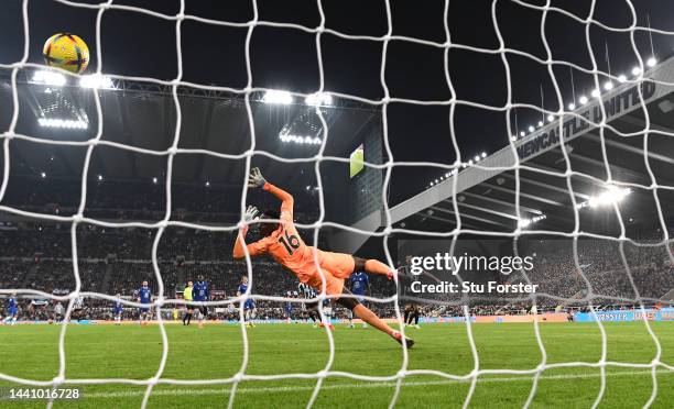 Chelsea goalkeeper Edouard Mendy is beaten by a shot from Newcastle player Joe Willock for the winning goal during the Premier League match between...