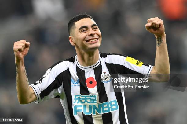 Miguel Almiron of Newcastle United celebrates following their side's victory in the Premier League match between Newcastle United and Chelsea FC at...