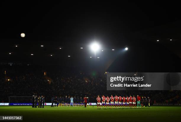 Players, staff and members of the British Armed Forces participate in a minute silence in honour of Armistice Day prior to the Premier League match...