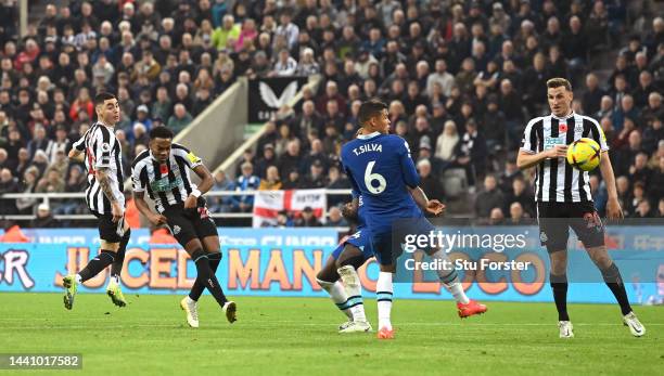 Newcastle player Joe Willock shoots to score the winning goal during the Premier League match between Newcastle United and Chelsea FC at St. James...