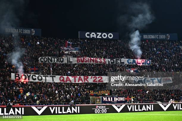 Fans of during the Serie A match between Bologna FC and US Sassuolo at Stadio Renato Dall'Ara on November 12, 2022 in Bologna, Italy.