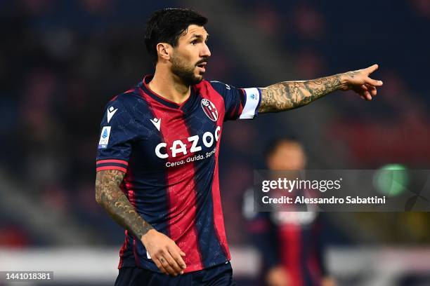 Roberto Soriano of Bologna FC gestures during the Serie A match between Bologna FC and US Sassuolo at Stadio Renato Dall'Ara on November 12, 2022 in...