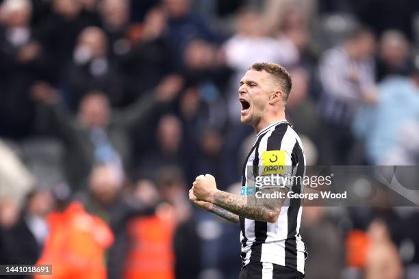 Kieran Trippier of Newcastle United celebrates following the Premier League match between Newcastle United and Chelsea FC at St. James Park on...