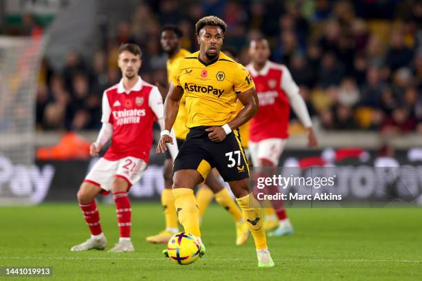 Adama Traore of Wolverhampton Wanderers passes during the Premier League match between Wolverhampton Wanderers and Arsenal FC at Molineux on November...