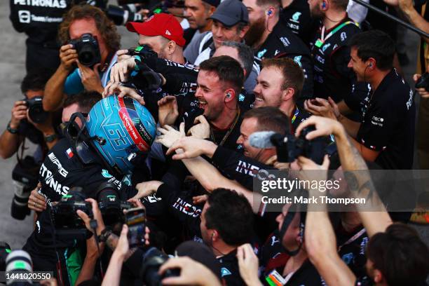 Sprint winner George Russell of Great Britain and Mercedes celebrates in parc ferme during the Sprint ahead of the F1 Grand Prix of Brazil at...