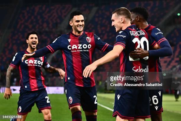 Michel Aebischer of Bologna FC celebrates after scoring the opening goal during the Serie A match between Bologna FC and US Sassuolo at Stadio Renato...