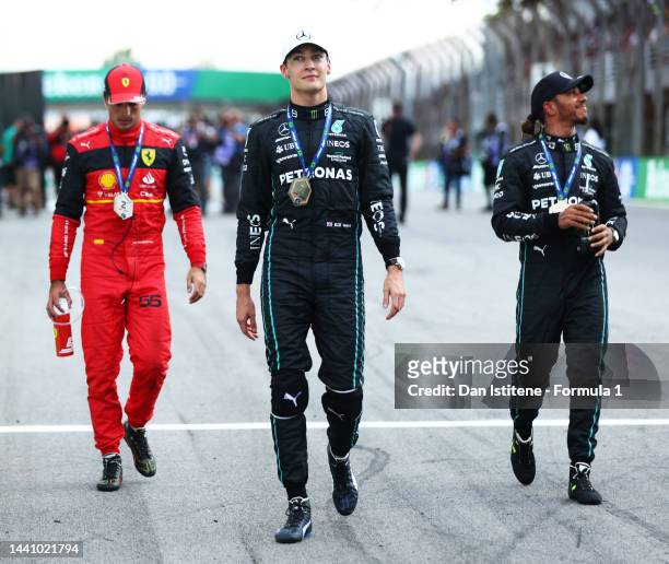 Sprint winner George Russell of Great Britain and Mercedes, Second placed Carlos Sainz of Spain and Ferrari and Third placed Lewis Hamilton of Great...