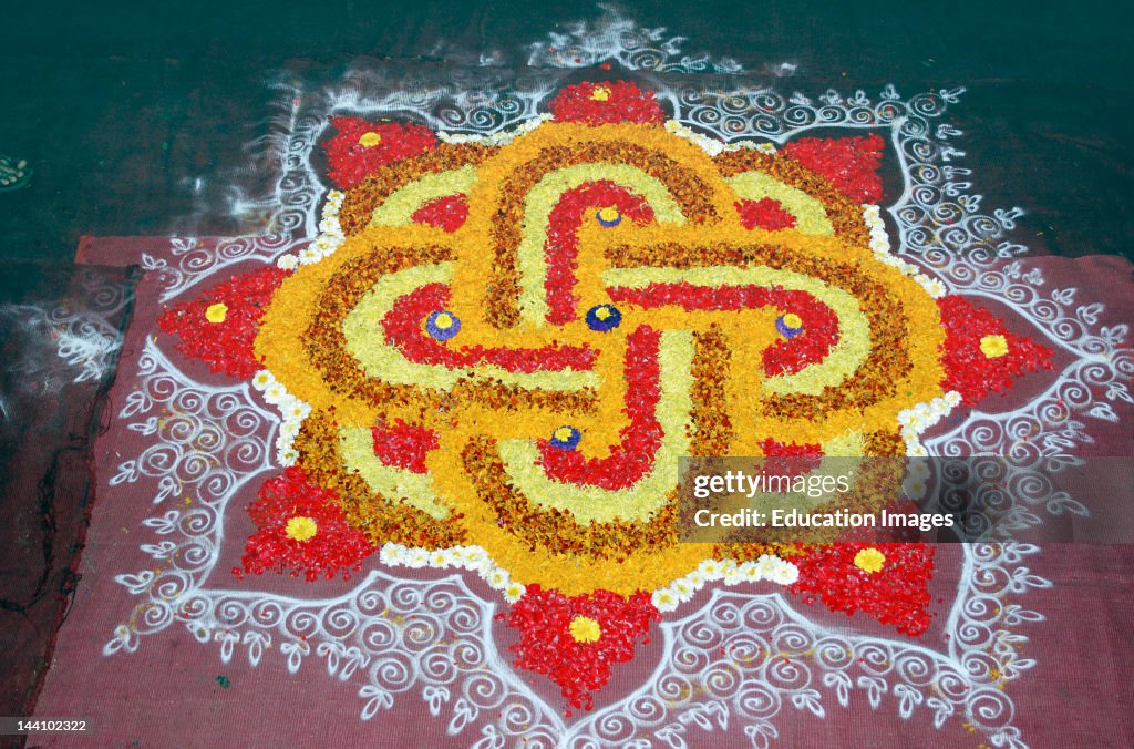 India, Diwali Deepawali Festival, Flower Rangoli Pattern.