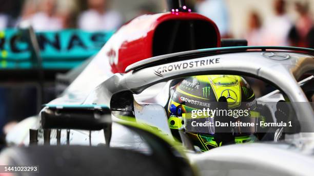 Third placed Lewis Hamilton of Great Britain and Mercedes celebrates in parc ferme during the Sprint ahead of the F1 Grand Prix of Brazil at...