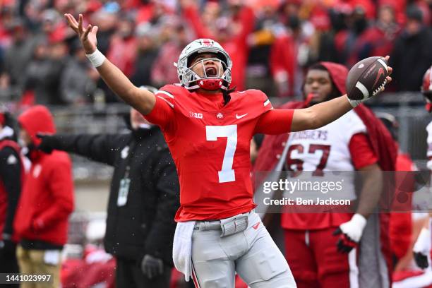 Stroud of the Ohio State Buckeyes reacts after being called for stepping out of bounds during the third quarter of a game against the Indiana...