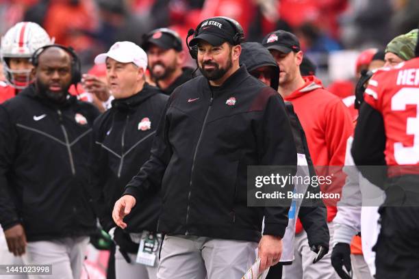 Head Coach Ryan Day of the Ohio State Buckeyes reacts following an Ohio State touchdown during the fourth quarter of a game against the Indiana...