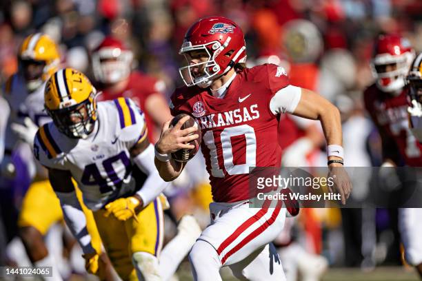 Cade Fortin of the Arkansas Razorbacks runs the ball in the second half during a game against the LSU Tigers at Donald W. Reynolds Razorback Stadium...