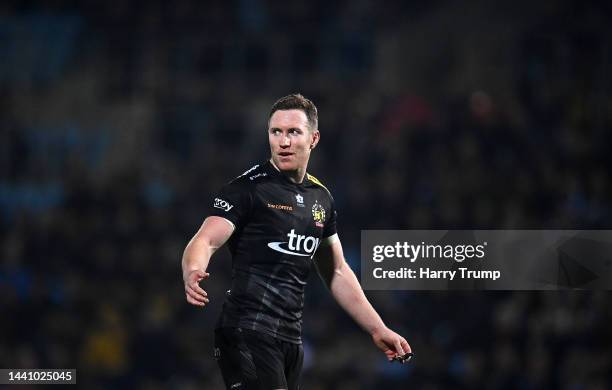 Rory O’Loughlin of Exeter Chiefs reacts during the Gallagher Premiership Rugby match between Exeter Chiefs and London Irish at Sandy Park on November...