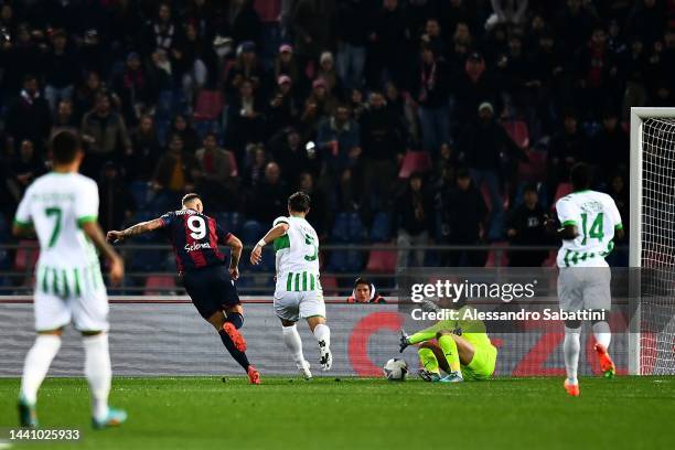 Marko Arnautovic of Bologna FC scores his team second goal during the Serie A match between Bologna FC and US Sassuolo at Stadio Renato Dall'Ara on...