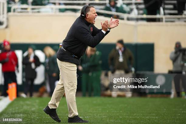 Greg Schiano coachof the Rutgers Scarlet Knights at Spartan Stadium on November 12, 2022 in East Lansing, Michigan.