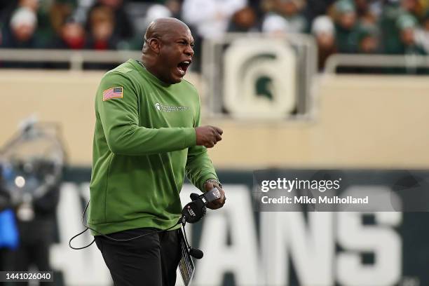 Mel Tucker coach of the Michigan State Spartans reacts after a play in the second half of a game against the Rutgers Scarlet Knights at Spartan...