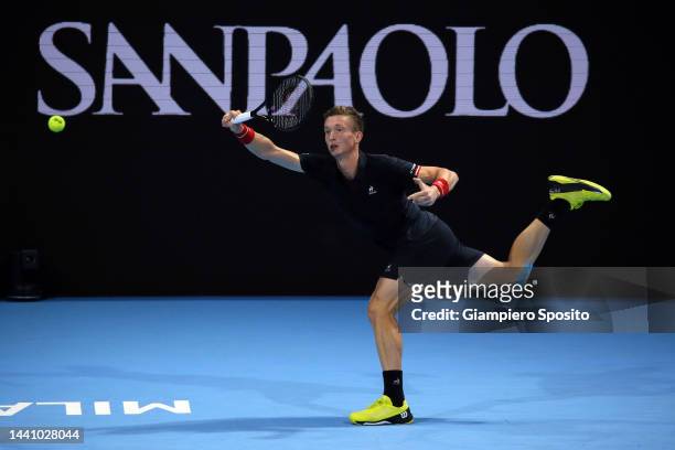 Jiri Lehecka of Czech Republic returns a shot to Brandon Nakashima of United States during their Final on day five of the Next Gen ATP Finals at...