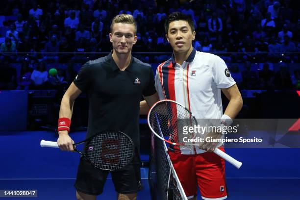 Jiri Lehecka of Czech Republic and Brandon Nakashima of United States pose before their Final on day five of the Next Gen ATP Finals at Allianz Cloud...
