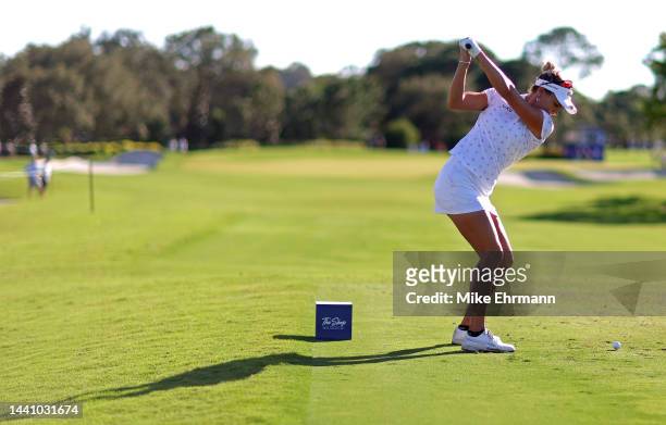 Lexi Thompson plays her shot from the third tee during the second round of the Pelican Women's Championship at Pelican Golf Club on November 12, 2022...