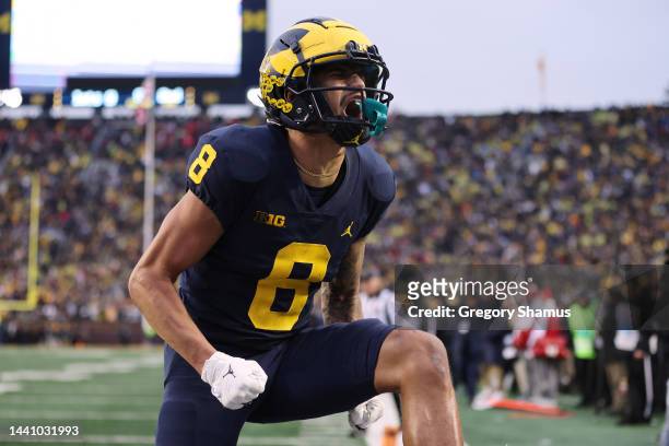 Ronnie Bell of the Michigan Wolverines celebrates a first-half touchdown while playing the Nebraska Cornhuskers at Michigan Stadium on November 12,...