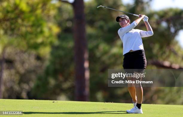 Carlota Ciganda of Spain hits her approach on the fourth hole during the second round of the Pelican Women's Championship at Pelican Golf Club on...