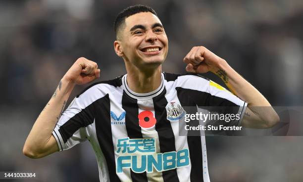 Newcastle player Miguel Almiron celebrates victory after the Premier League match between Newcastle United and Chelsea FC at St. James Park on...