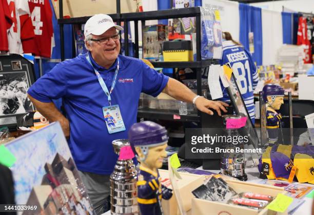 Hall of Fame member Marcel Dionne works his booth the Sports Card Expo at the International Centre on November 12, 2022 in Toronto, Ontario, Canada.