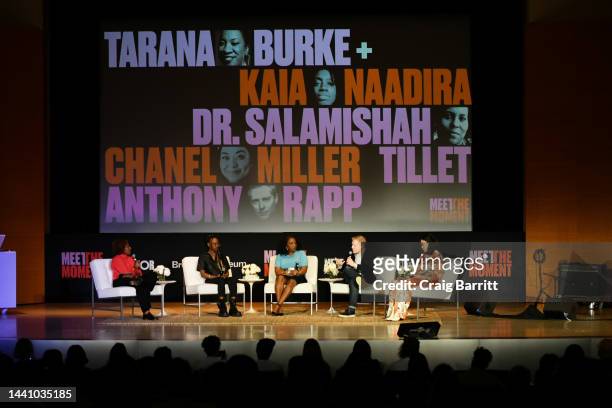 Dr. Salamishah Tillet, Kaia Naadira, Tarana Burke, Anthony Rapp and Chanel Miller speak onstage during The Meteor: Meet the Moment Summit at Brooklyn...