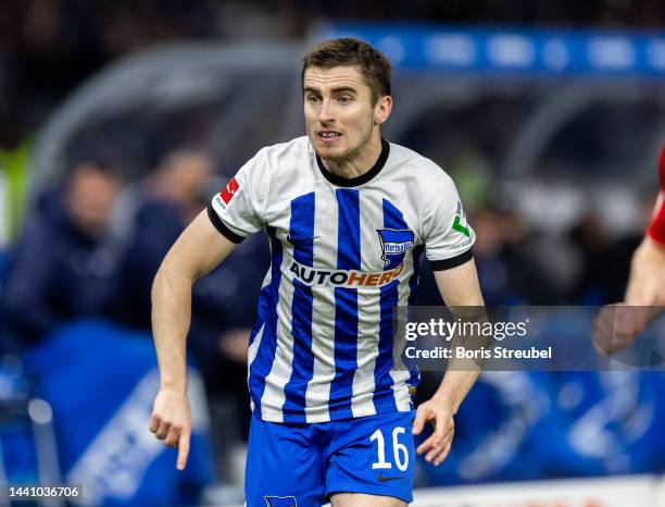 Jonjoe Kenny of Hertha BSC in action during the Bundesliga match between Hertha BSC and 1. FC Köln at Olympiastadion on November 12, 2022 in Berlin,...