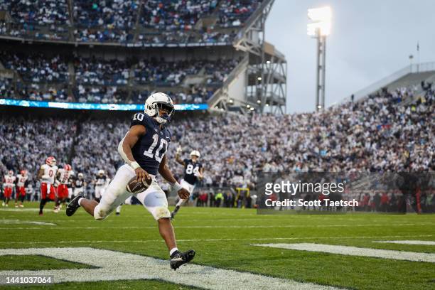 Nicholas Singleton of the Penn State Nittany Lions runs for a touchdown against the Maryland Terrapins during the first half at Beaver Stadium on...