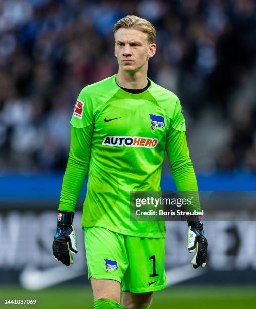 Goalkeeper Oliver Christensen of Hertha BSC looks on during the Bundesliga match between Hertha BSC and 1. FC Köln at Olympiastadion on November 12,...