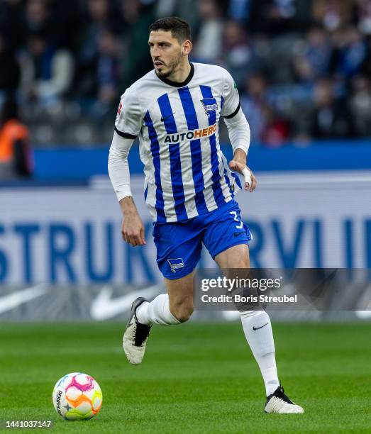 Agustin Rogel of Hertha BSC runs with the ball during the Bundesliga match between Hertha BSC and 1. FC Köln at Olympiastadion on November 12, 2022...